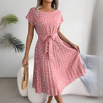 Women's Pleated Midi Dress with Short Sleeves