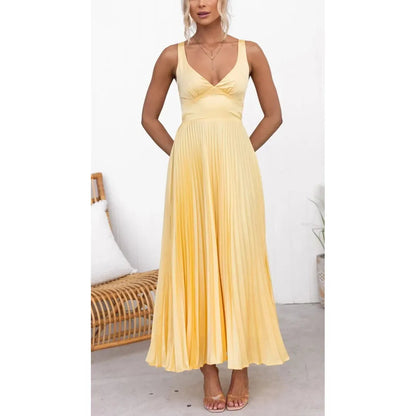 Women's Pleated V-Neck Maxi Dress for Summer Events