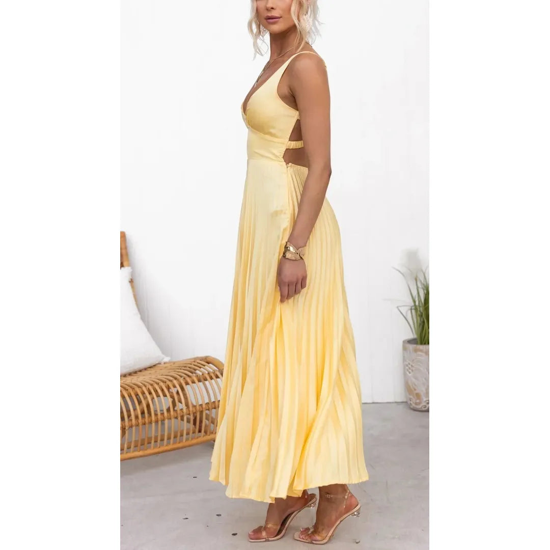Women's Pleated V-Neck Maxi Dress for Summer Events