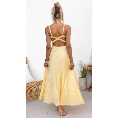 Women's Pleated V-Neck Maxi Dress for Summer Events