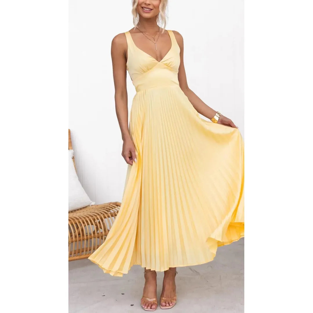 Women's Pleated V-Neck Maxi Dress for Summer Events