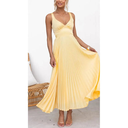 Women's Pleated V-Neck Maxi Dress for Summer Events