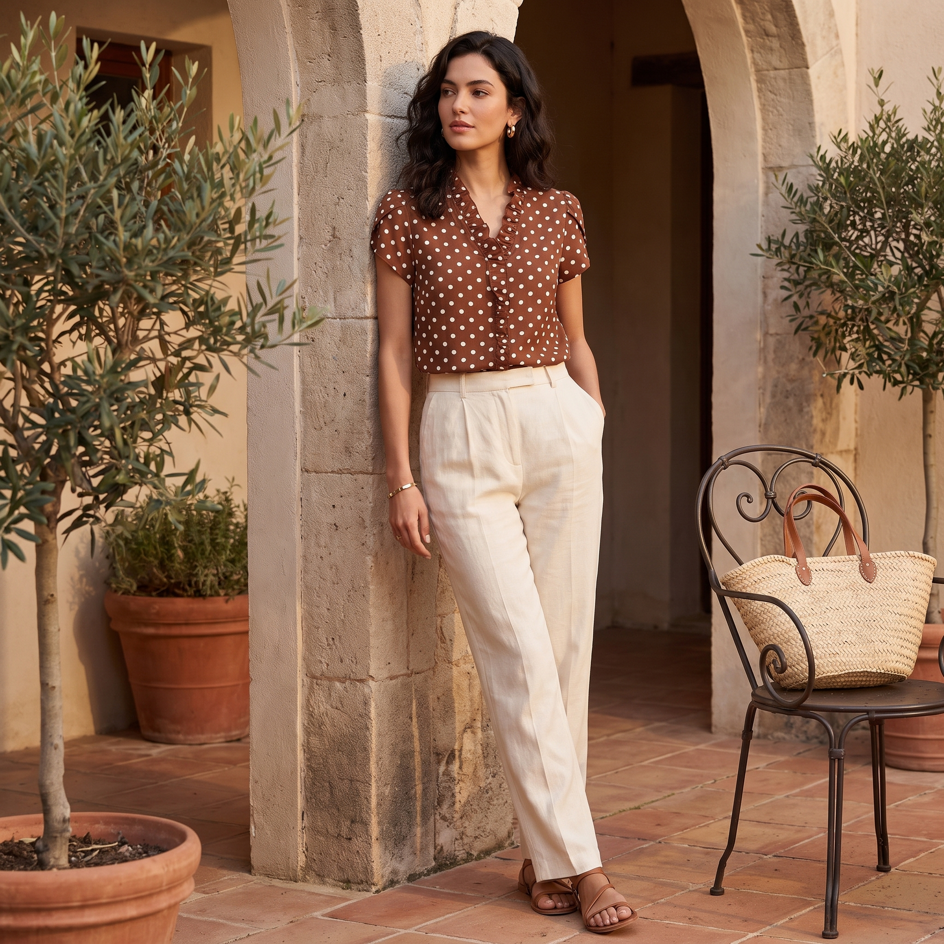 Women's Polka Dot Ruffle Neck Blouse