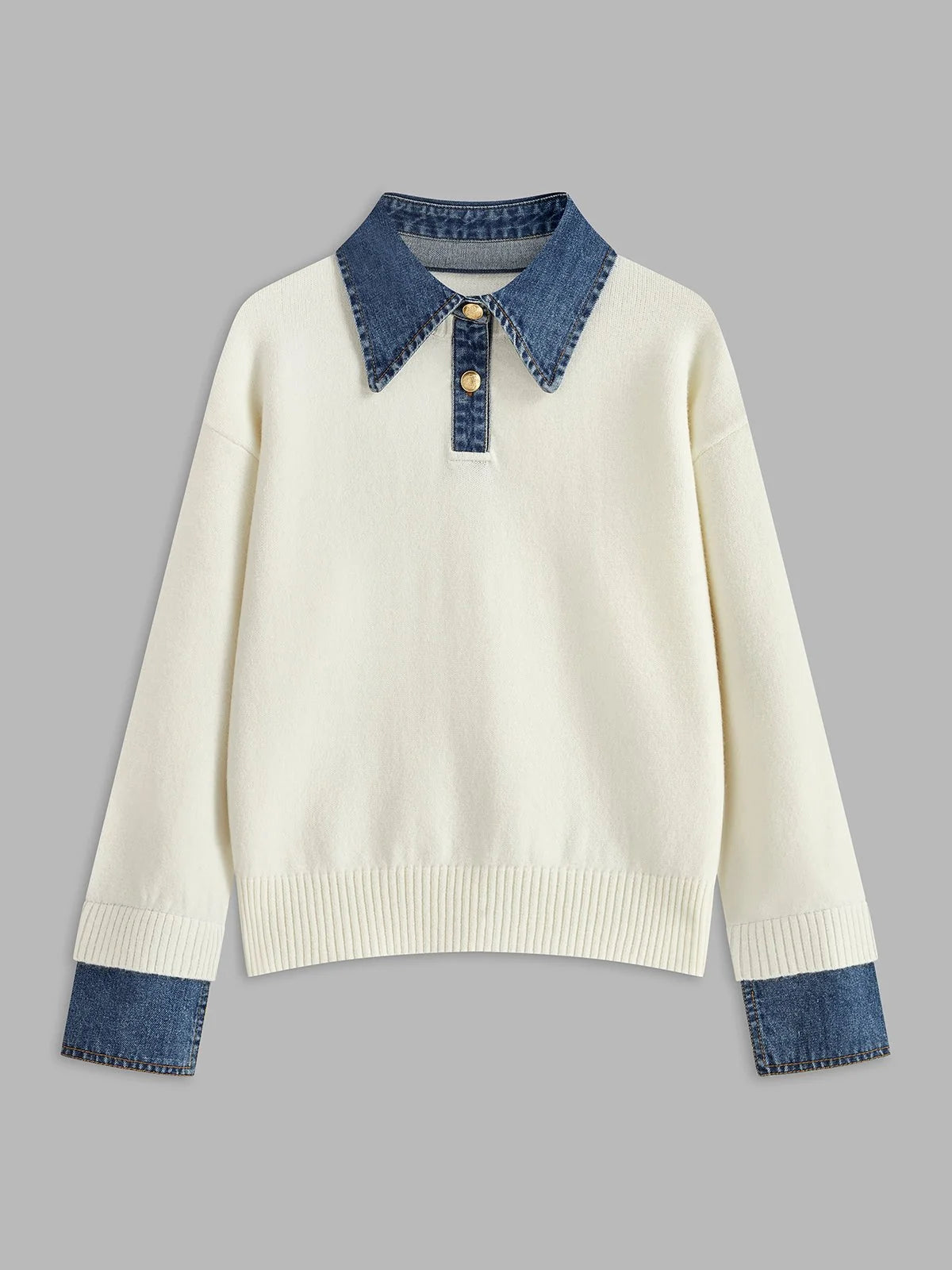 Women's Polo Sweater with Denim Collar and Button Placket