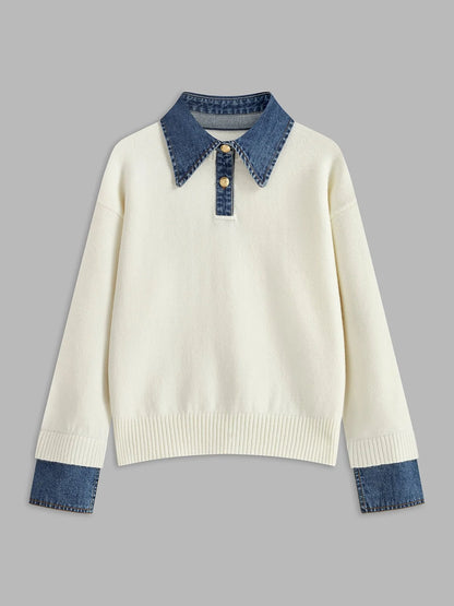 Women's Polo Sweater with Denim Collar and Button Placket