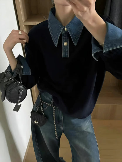 Women's Polo Sweater with Denim Collar and Button Placket