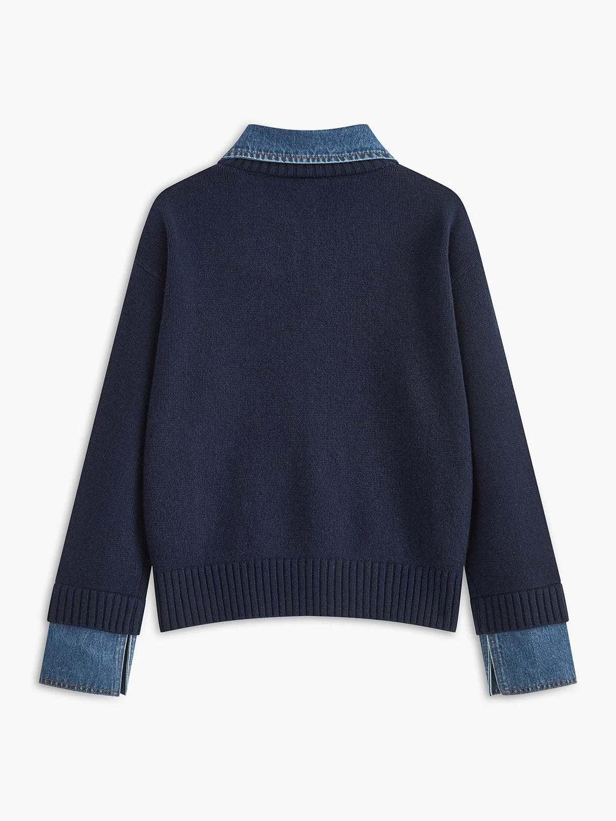Women's Polo Sweater with Denim Collar and Button Placket