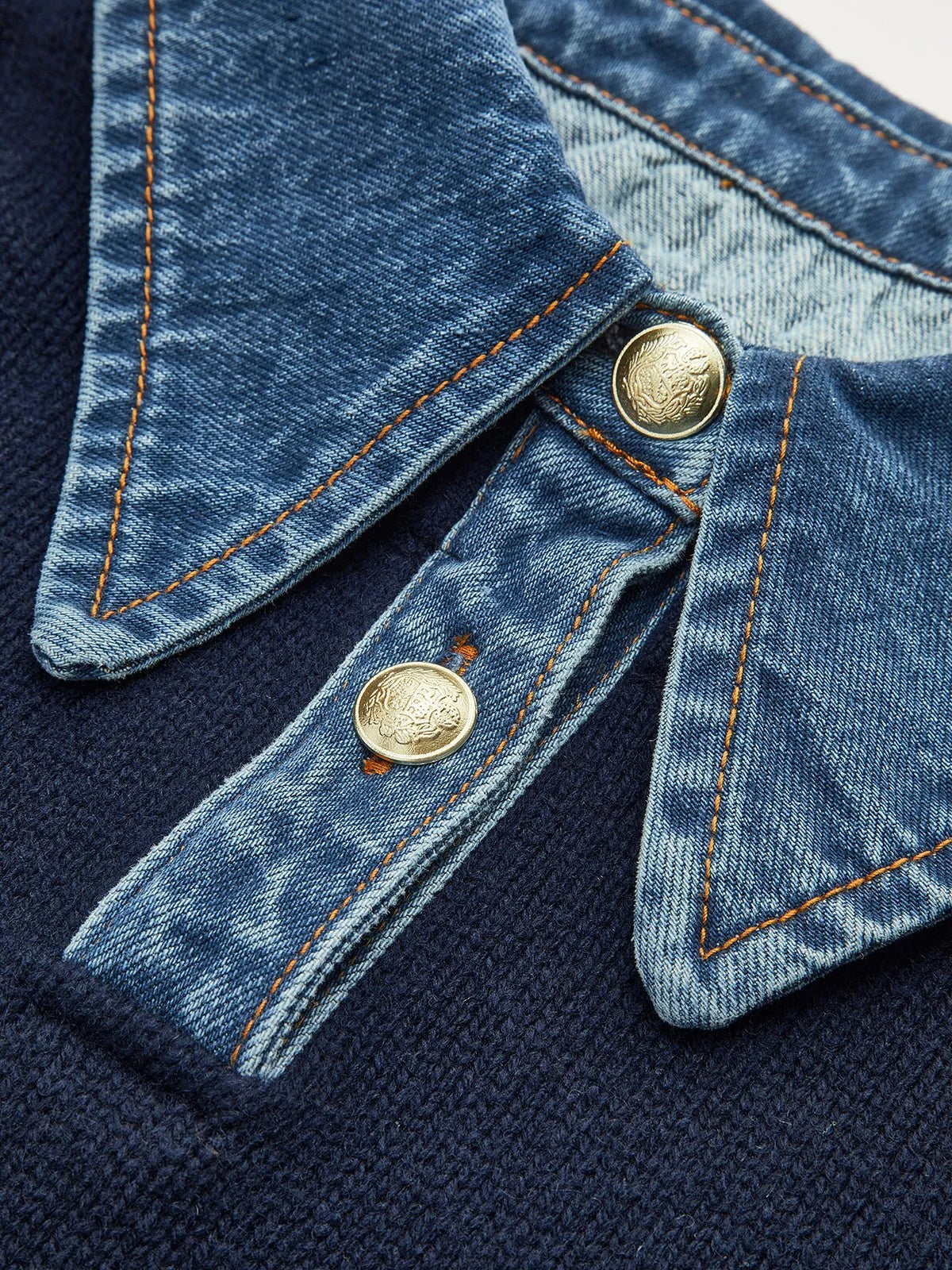 Women's Polo Sweater with Denim Collar and Button Placket