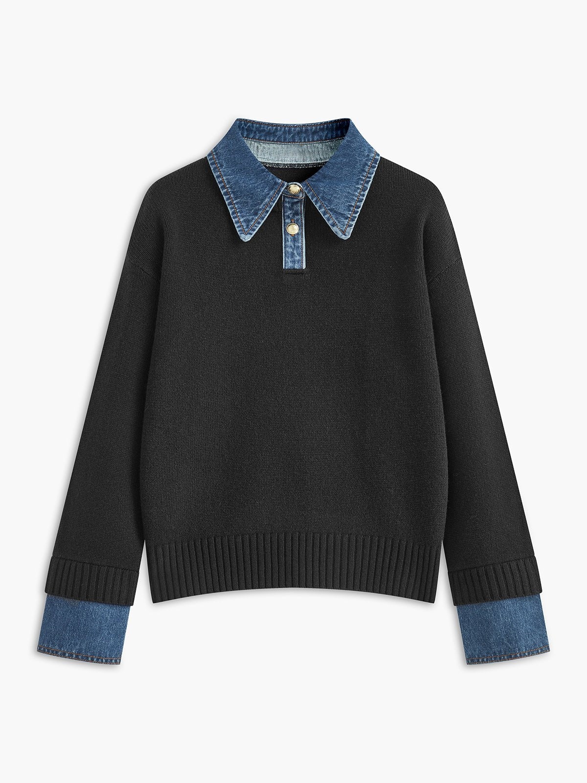 Women's Polo Sweater with Denim Collar and Button Placket