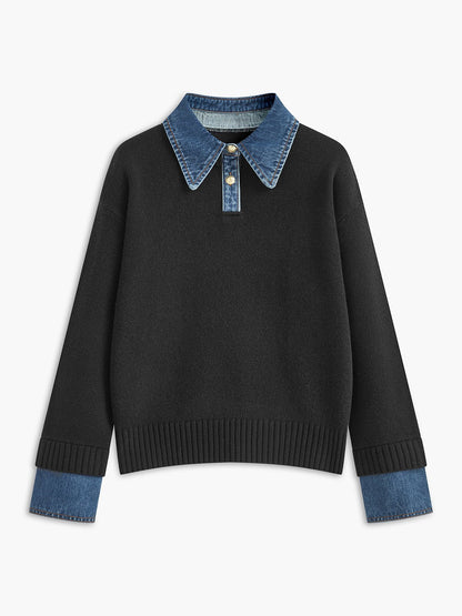 Women's Polo Sweater with Denim Collar and Button Placket