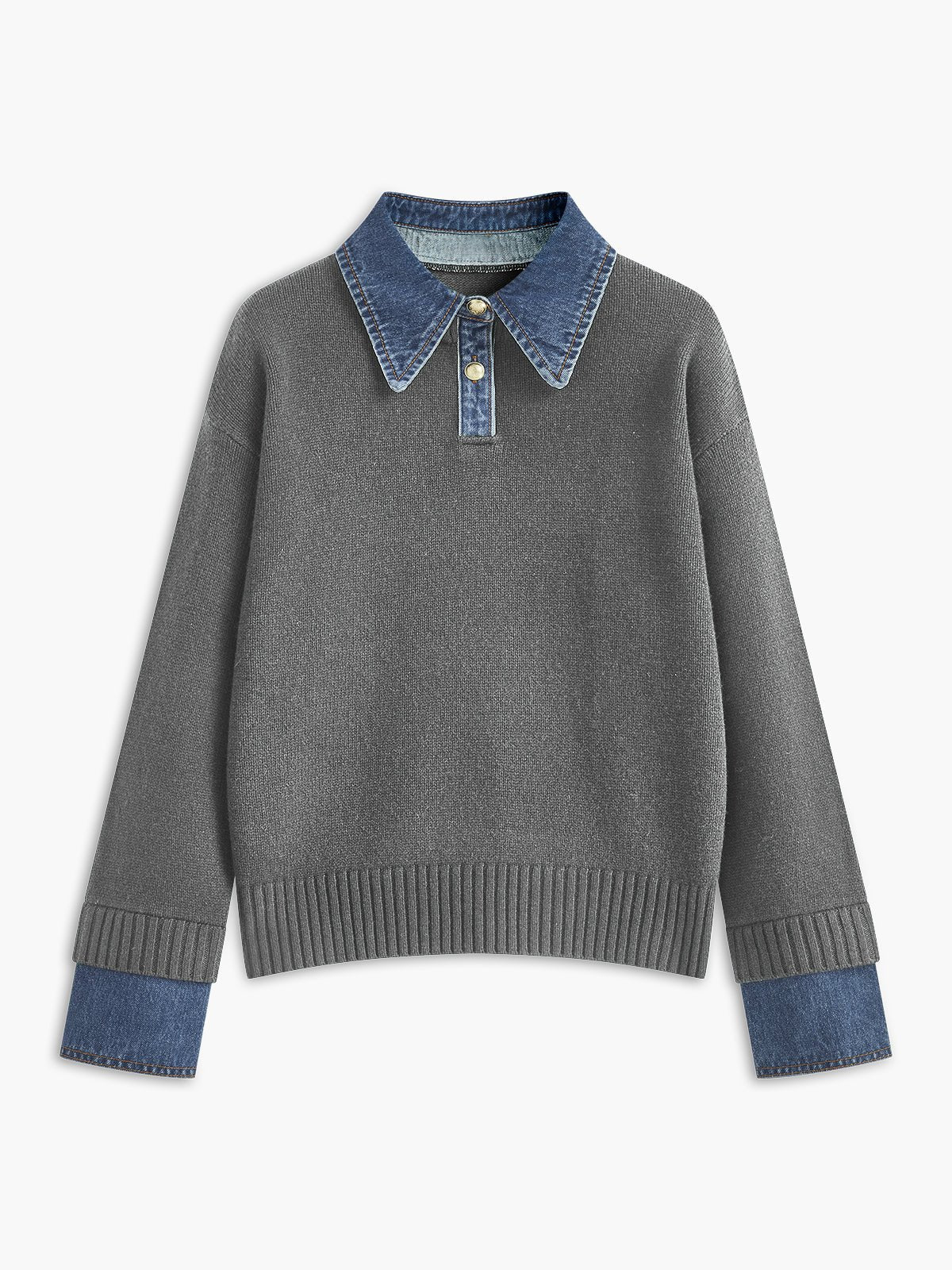Women's Polo Sweater with Denim Collar and Button Placket