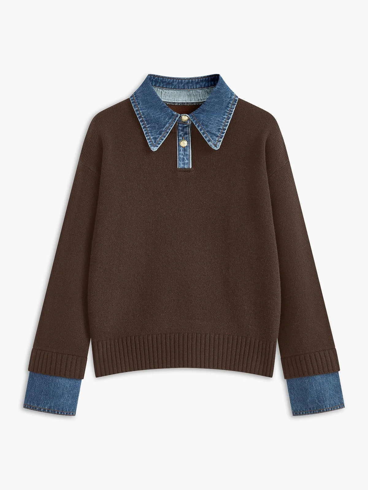 Women's Polo Sweater with Denim Collar and Button Placket