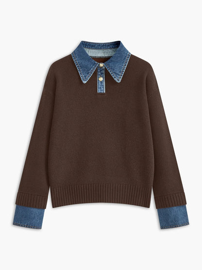 Women's Polo Sweater with Denim Collar and Button Placket
