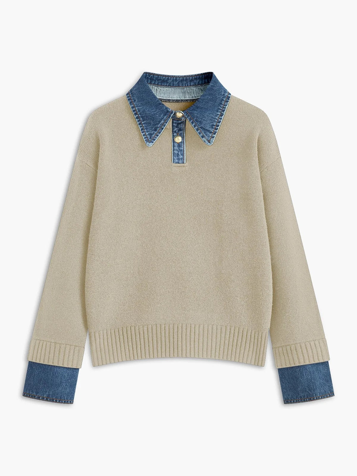 Women's Polo Sweater with Denim Collar and Button Placket