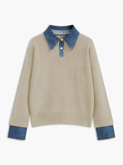 Women's Polo Sweater with Denim Collar and Button Placket