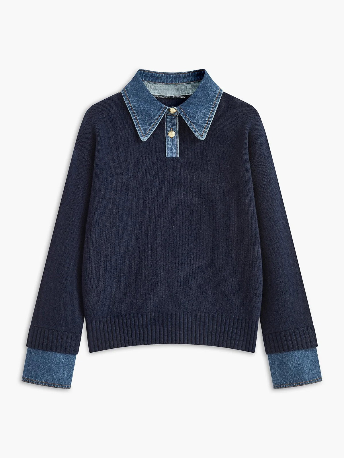 Women's Polo Sweater with Denim Collar and Button Placket