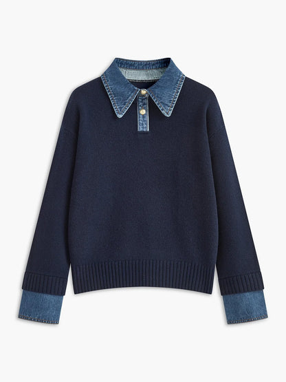 Women's Polo Sweater with Denim Collar and Button Placket