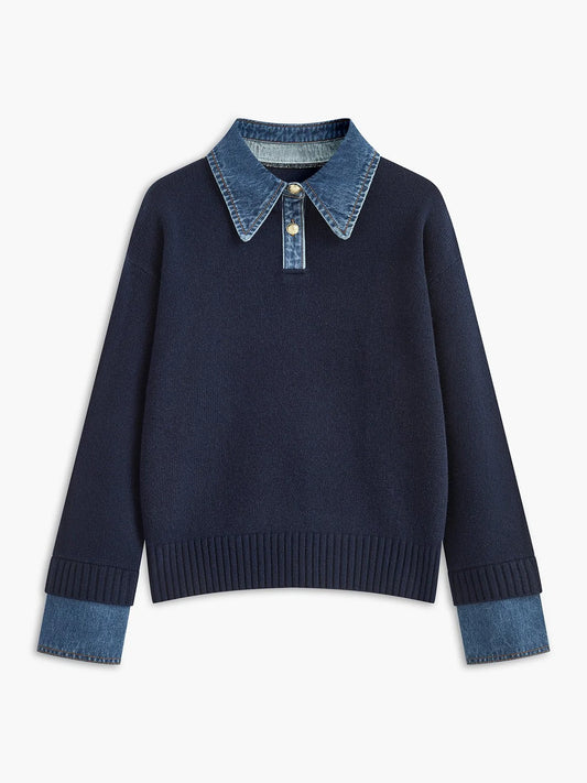 Women's Polo Sweater with Denim Collar and Button Placket