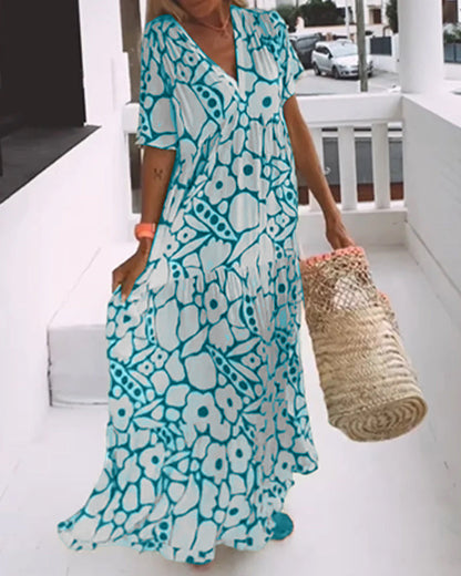 Women's Printed Loose V-Neck Maxi Dress
