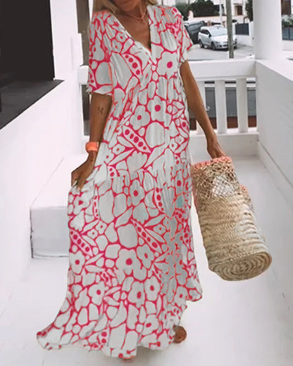 Women's Printed Loose V-Neck Maxi Dress
