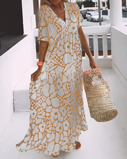 Women's Printed Loose V-Neck Maxi Dress