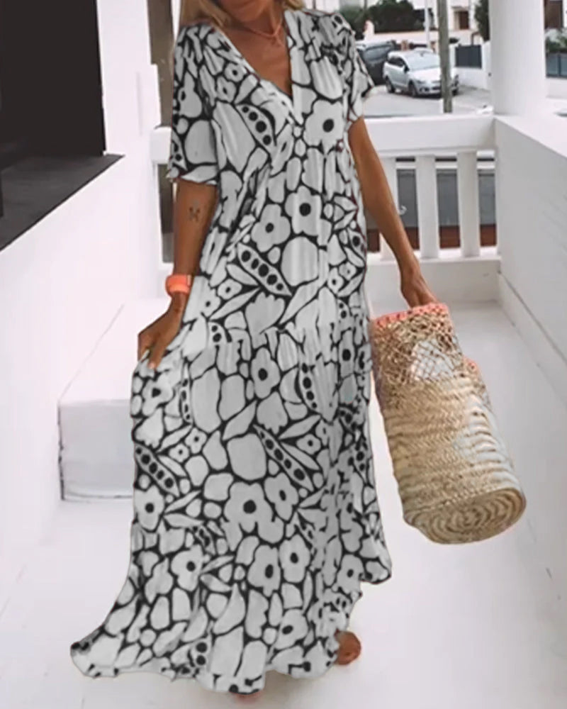 Women's Printed Loose V-Neck Maxi Dress