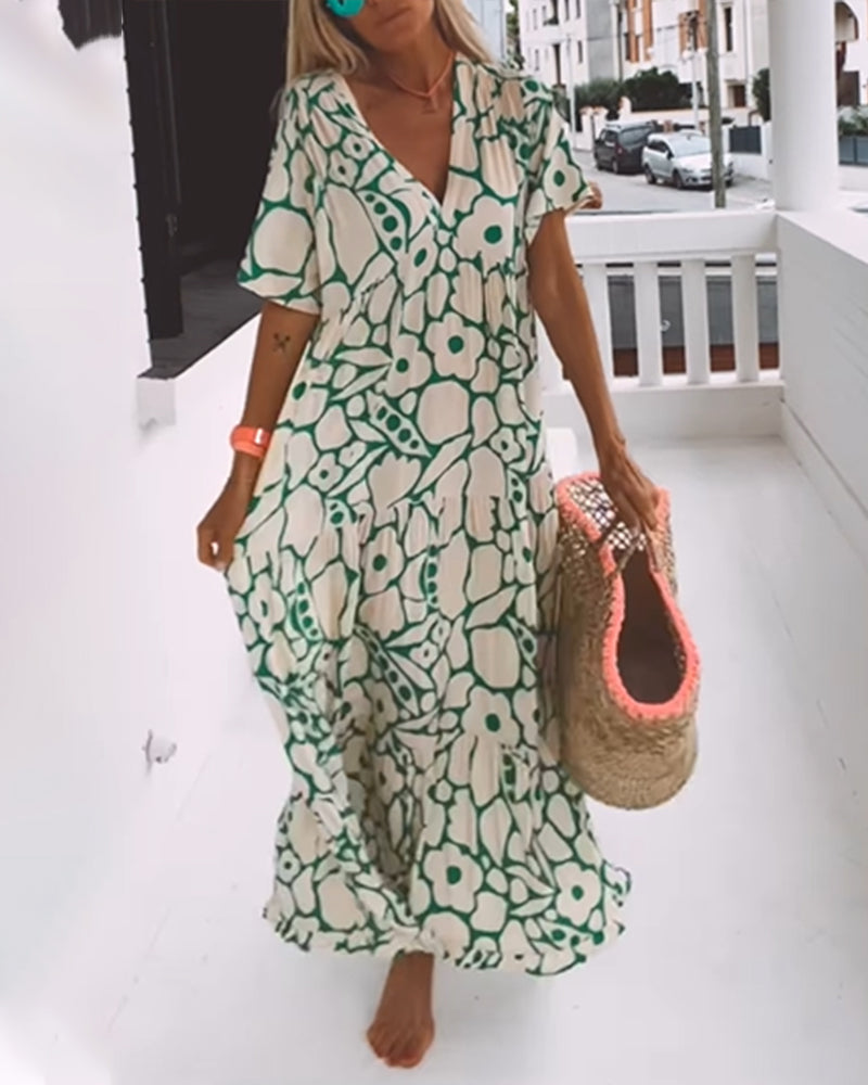 Women's Printed Loose V-Neck Maxi Dress