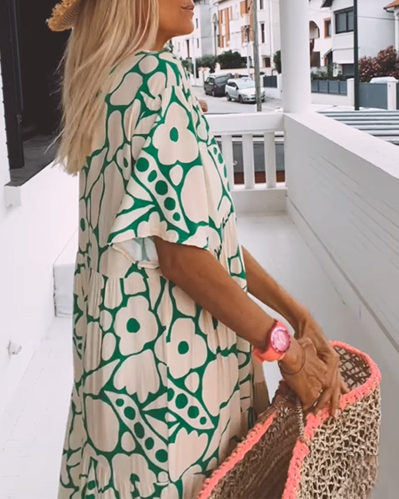 Women's Printed Loose V-Neck Maxi Dress