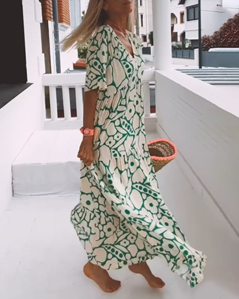 Women's Printed Loose V-Neck Maxi Dress
