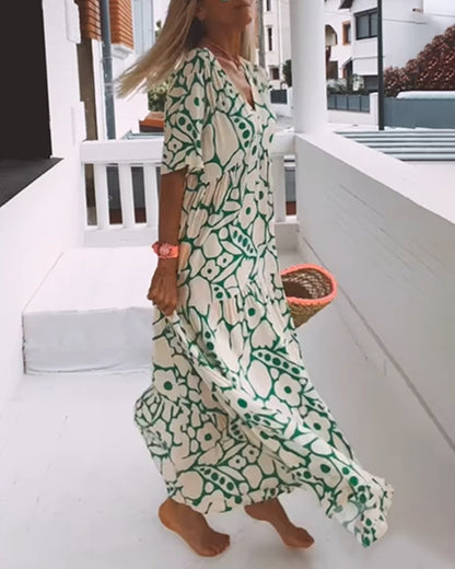 Women's Printed Loose V-Neck Maxi Dress