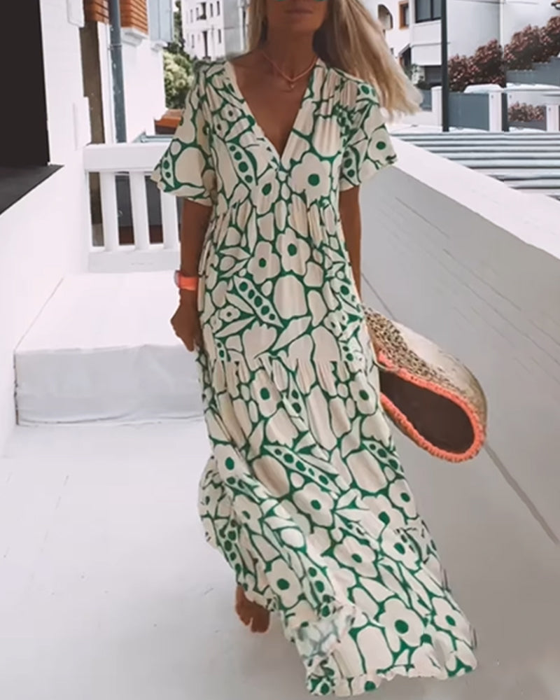 Women's Printed Loose V-Neck Maxi Dress
