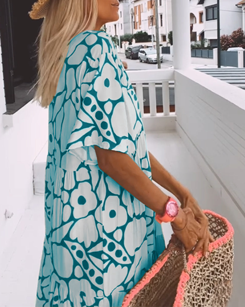 Women's Printed Loose V-Neck Maxi Dress