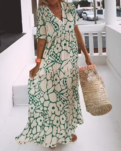 Women's Printed Loose V-Neck Maxi Dress