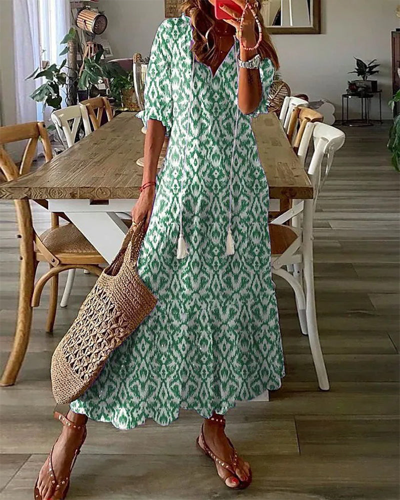 Women's Printed Maxi Dress with V-Neck and Half Sleeves