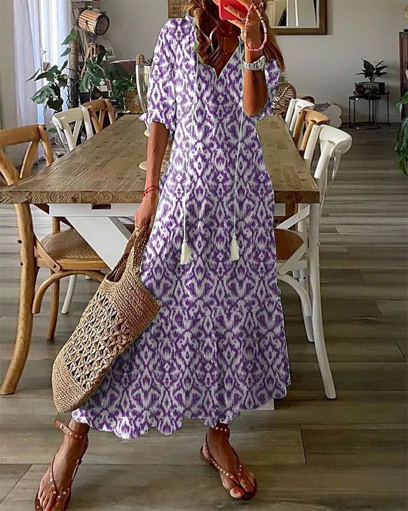 Women's Printed Maxi Dress with V-Neck and Half Sleeves