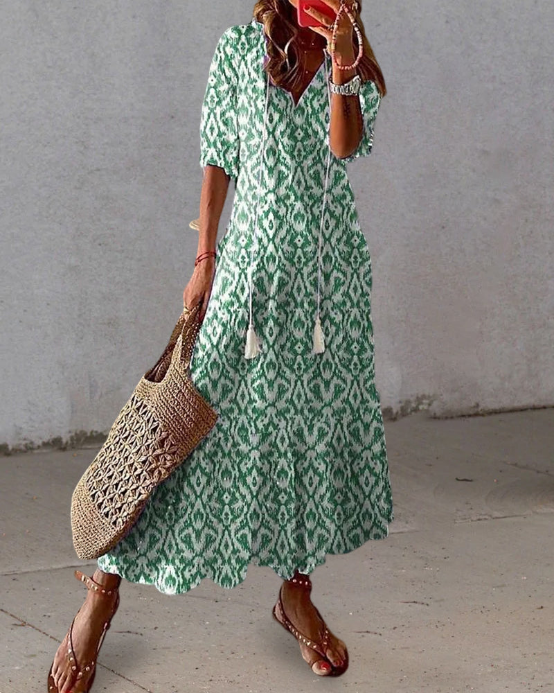 Women's Printed Maxi Dress with V-Neck and Half Sleeves