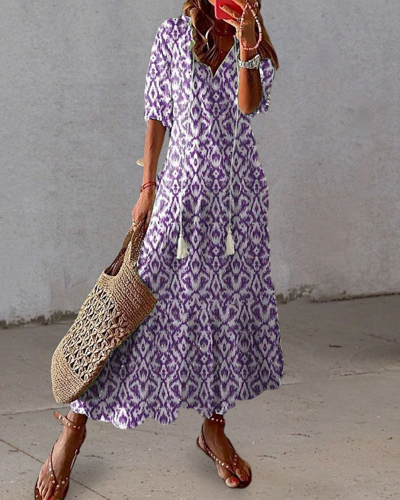 Women's Printed Maxi Dress with V-Neck and Half Sleeves