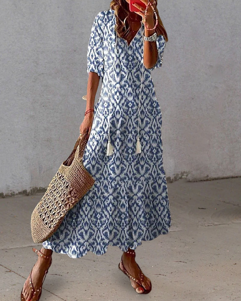Women's Printed Maxi Dress with V-Neck and Half Sleeves
