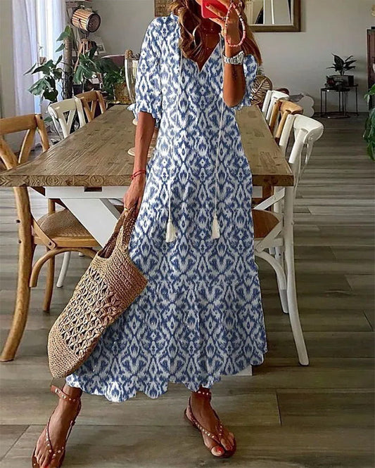Women's Printed Maxi Dress with V-Neck and Half Sleeves