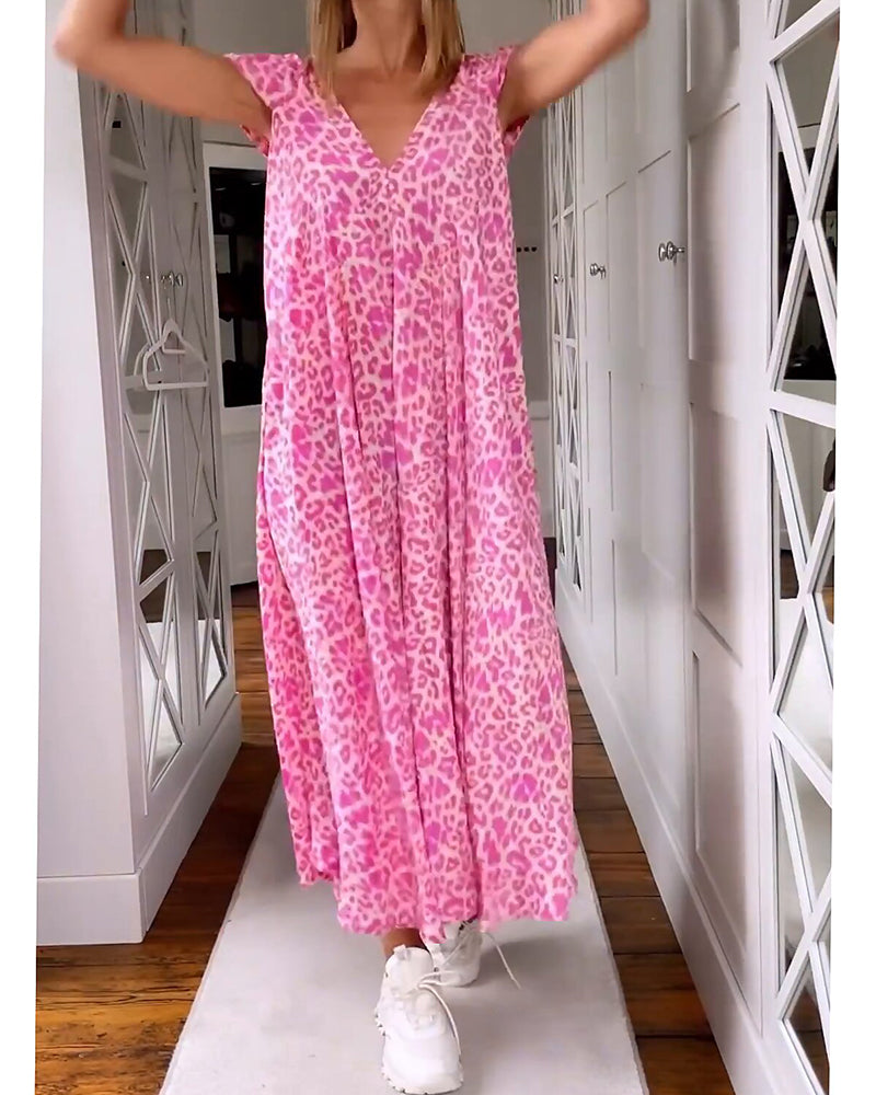 Women's Printed V-Neck Maxi Dress with Short Sleeves