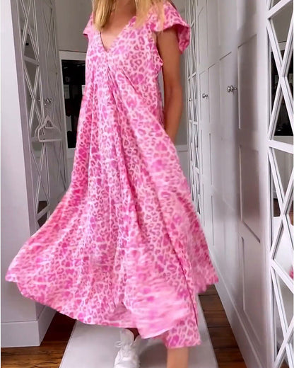 Women's Printed V-Neck Maxi Dress with Short Sleeves