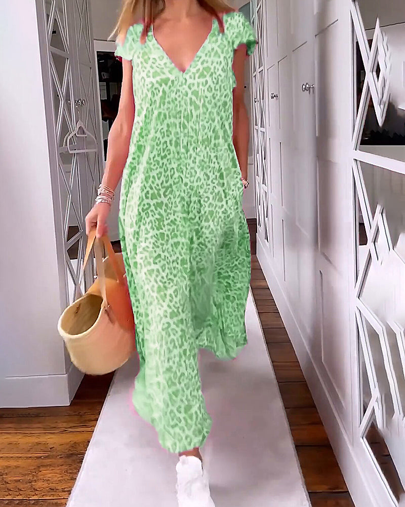 Women's Printed V-Neck Maxi Dress with Short Sleeves