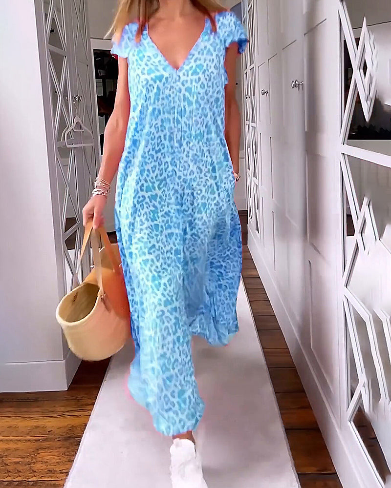 Women's Printed V-Neck Maxi Dress with Short Sleeves