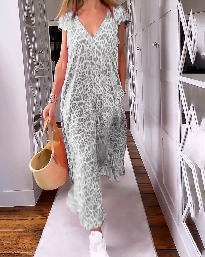 Women's Printed V-Neck Maxi Dress with Short Sleeves