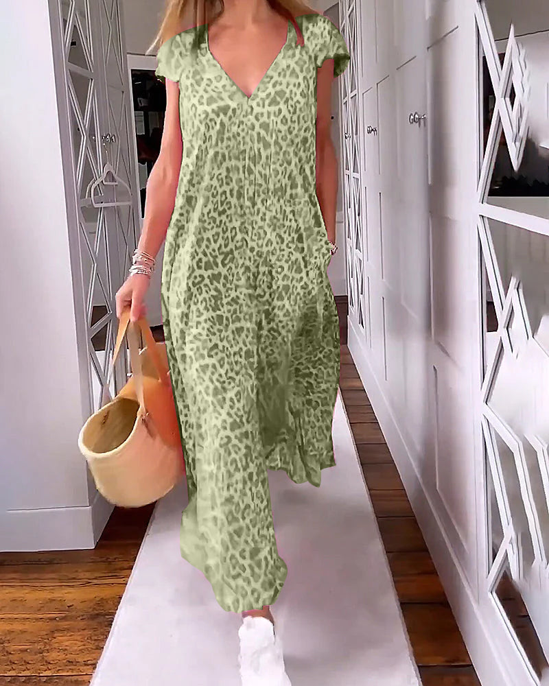 Women's Printed V-Neck Maxi Dress with Short Sleeves