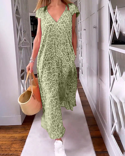 Women's Printed V-Neck Maxi Dress with Short Sleeves