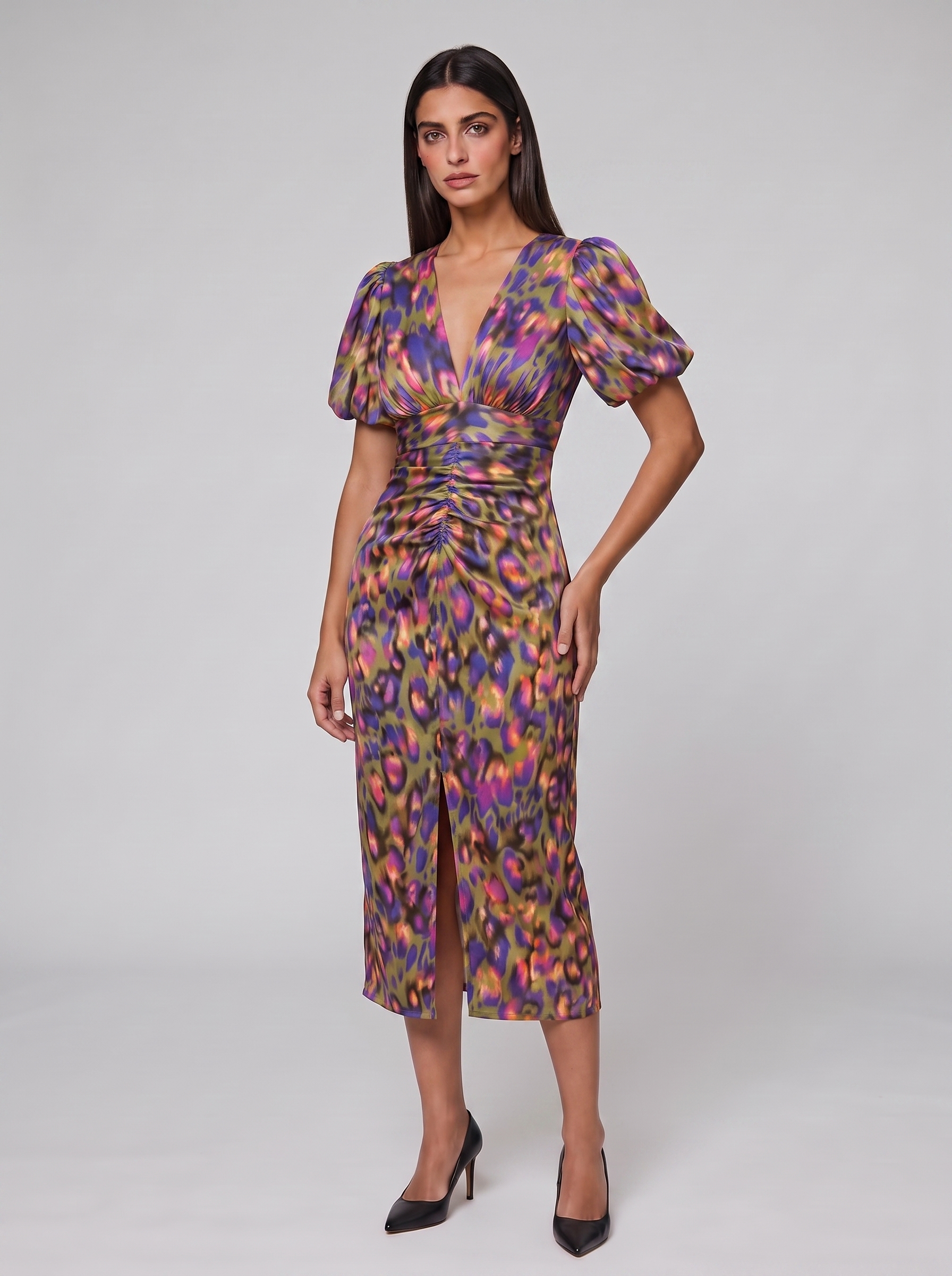 Women's Puff Sleeve Evening Dress with Vibrant Prints