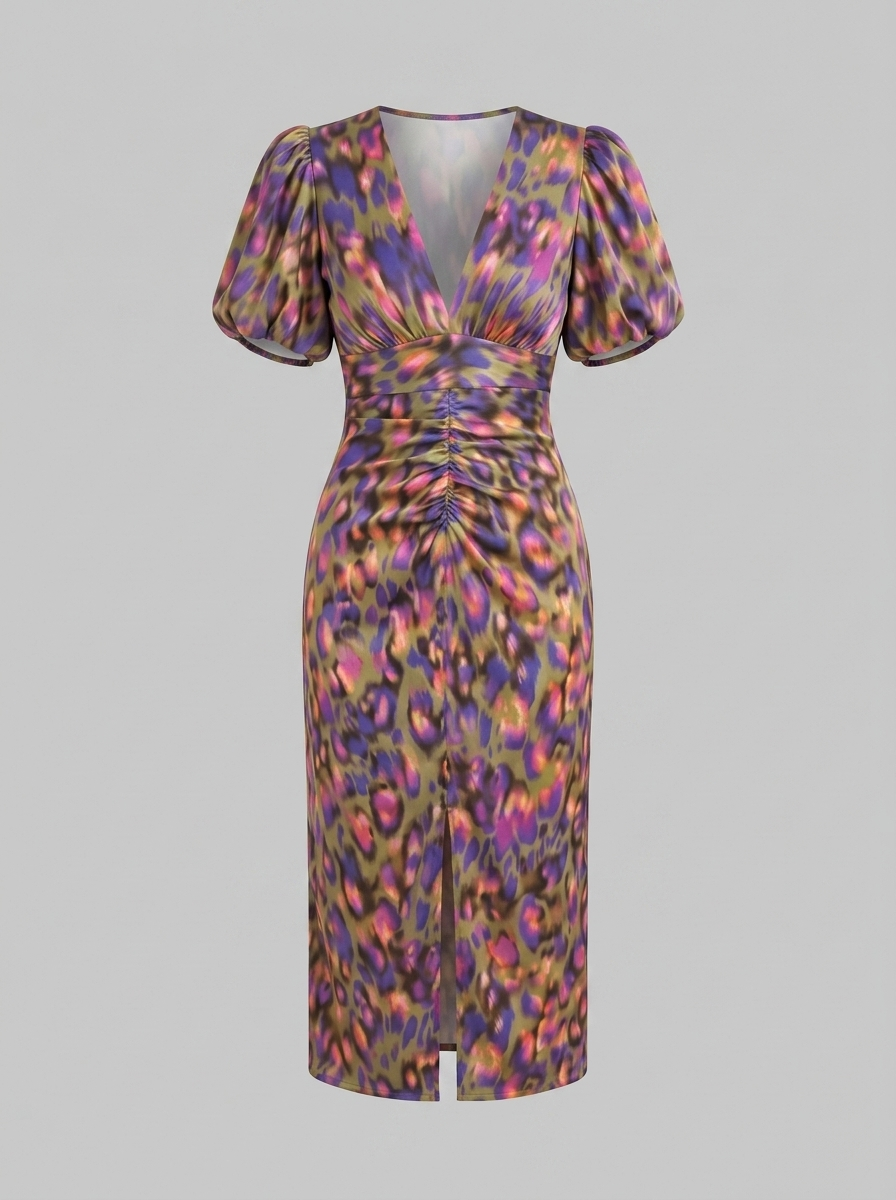 Women's Puff Sleeve Evening Dress with Vibrant Prints