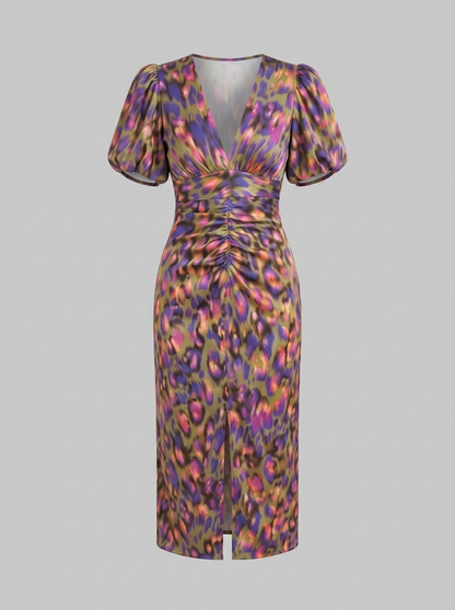Women's Puff Sleeve Evening Dress with Vibrant Prints