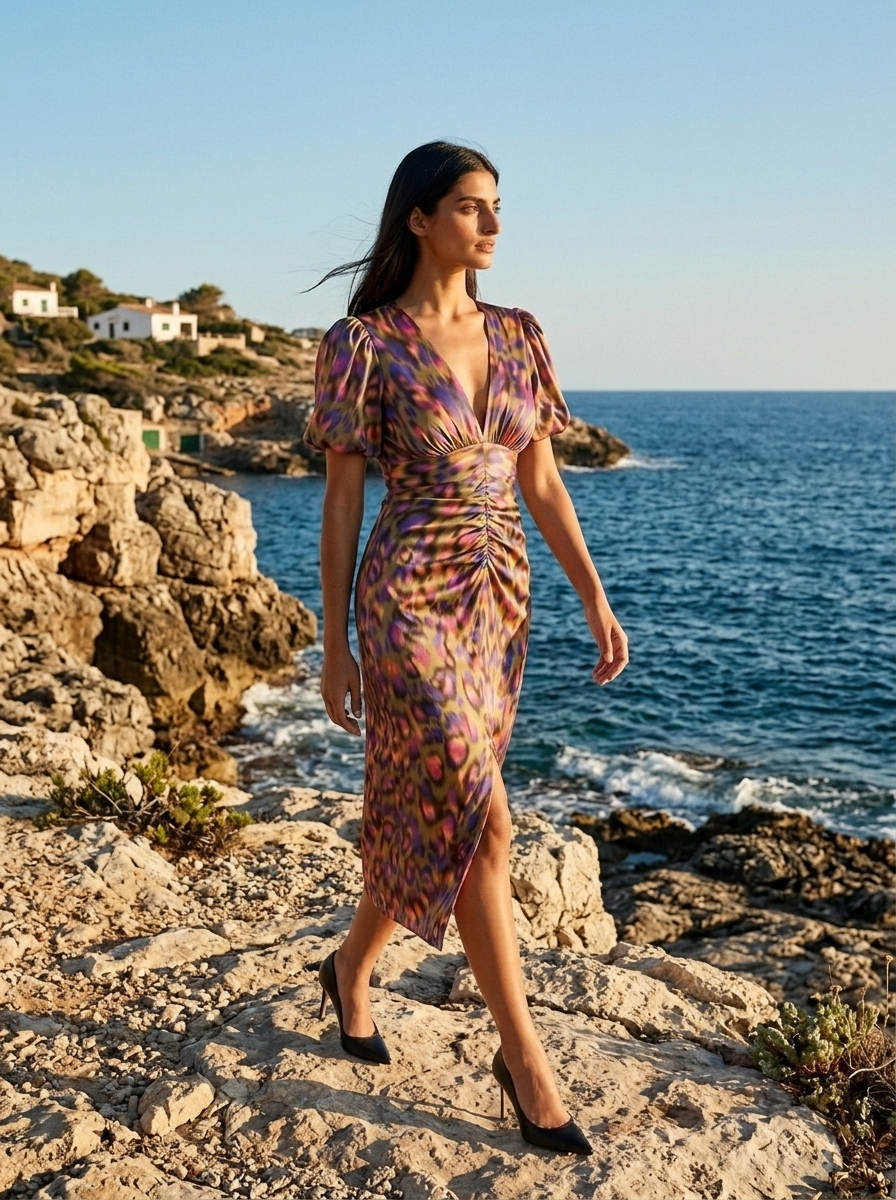 Women's Puff Sleeve Evening Dress with Vibrant Prints